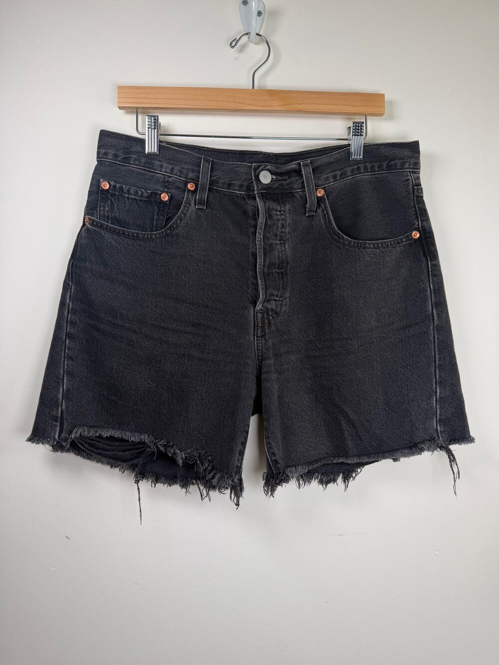 Levi's 501 Black Denim Cutoff Shorts Button Fly Sz Women's 30 Frayed Hem